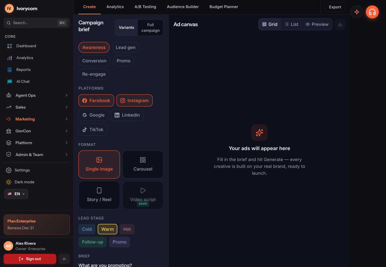 AdCraft ad builder in Ivorycom