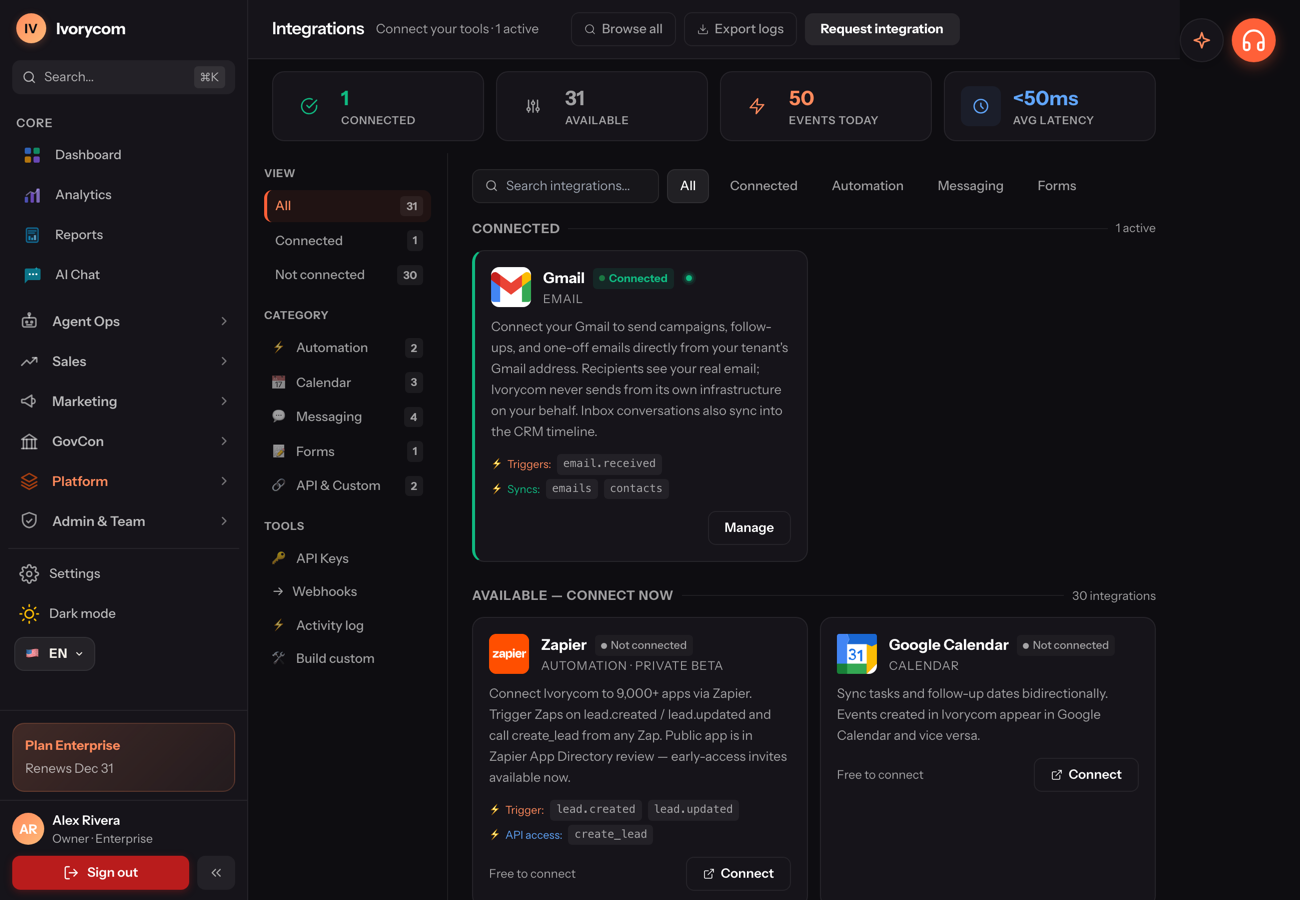 Integrations & MCP in Ivorycom